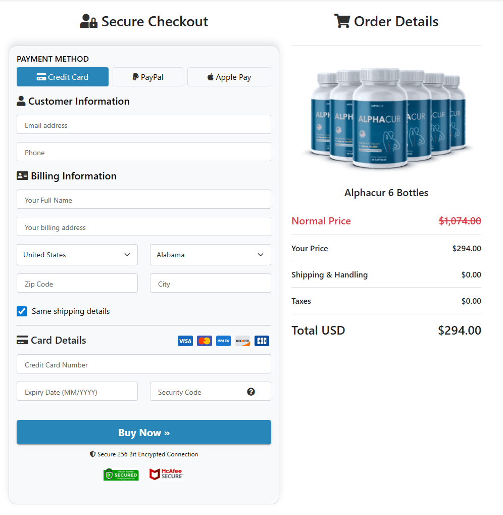 AlphaCur Checkout page